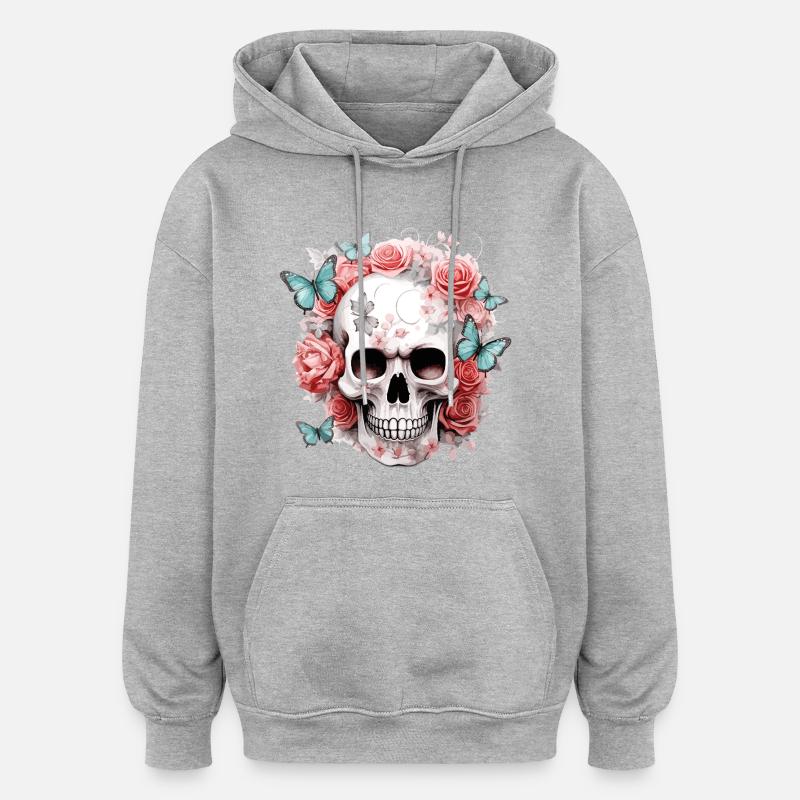 Crâne, Crâne, Roses, Fleurs, Papillons - Sweat à capuche oversize unisexe - gris chiné