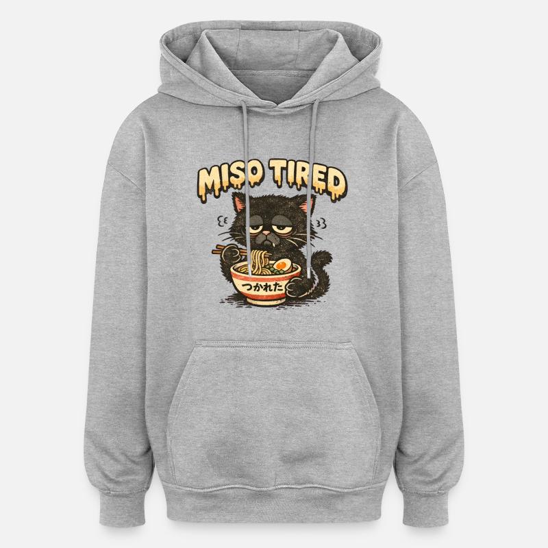 Miso Tired – Müde Katze isst Ramen - Oversized Unisex Hoodie - Grau meliert
