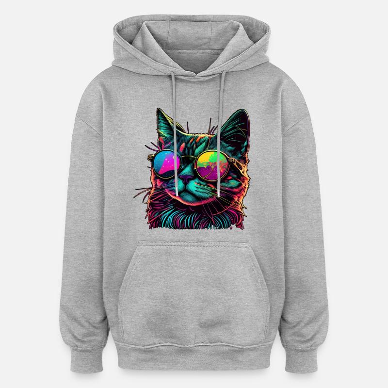 Chat cool - Sweat à capuche oversize unisexe - gris chiné
