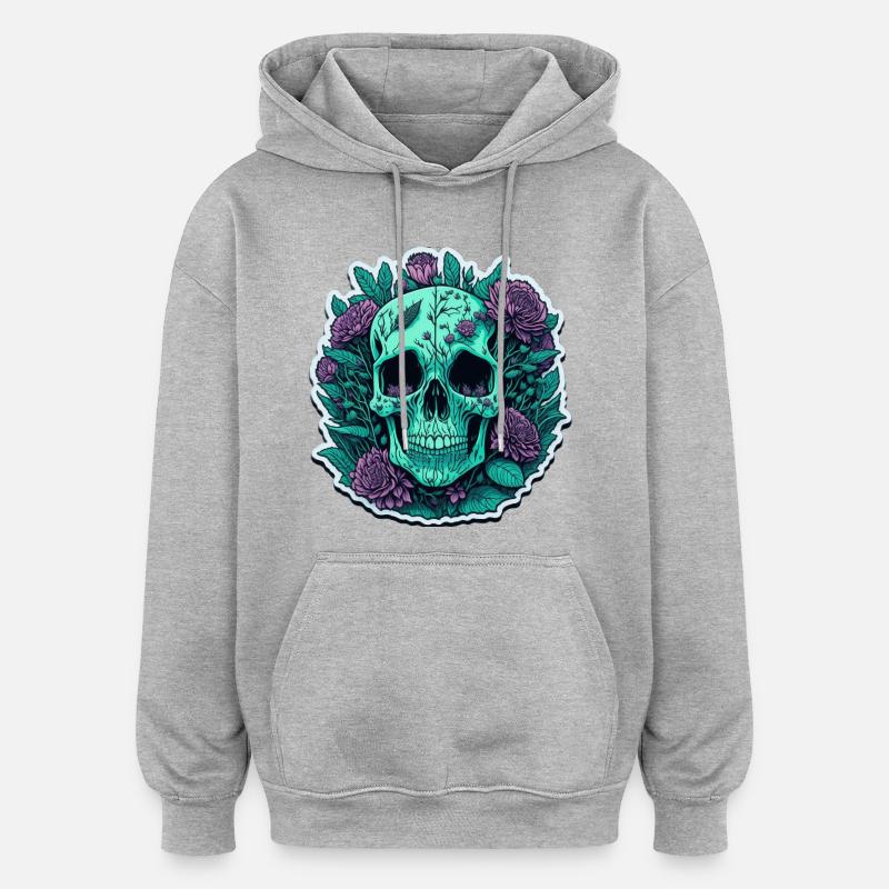 Crâne avec des fleurs violettes - Sweat à capuche oversize unisexe - gris chiné
