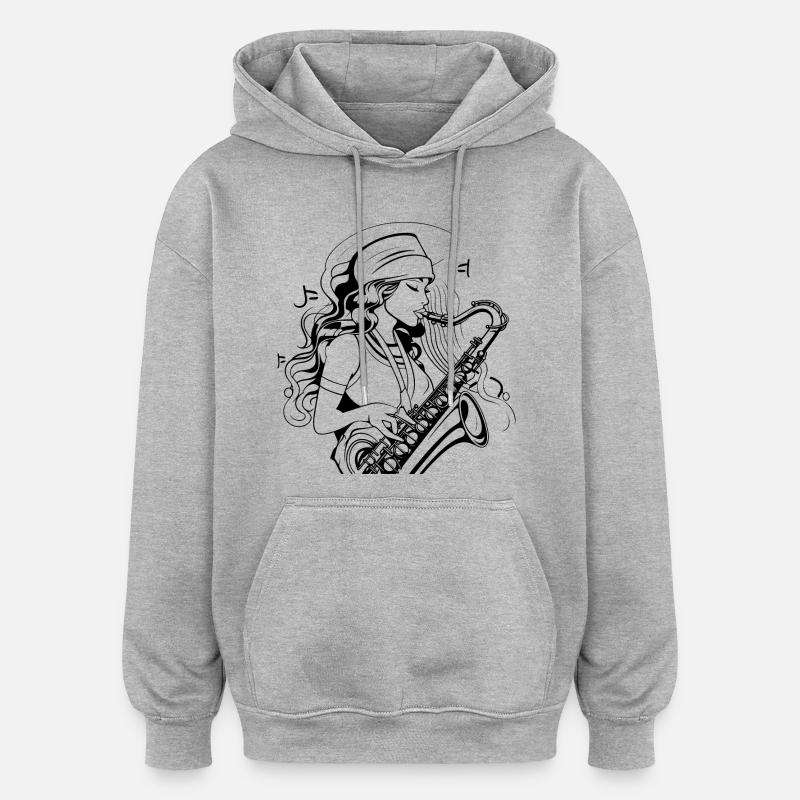Dessin de saxophoniste - Sweat à capuche oversize unisexe - gris chiné