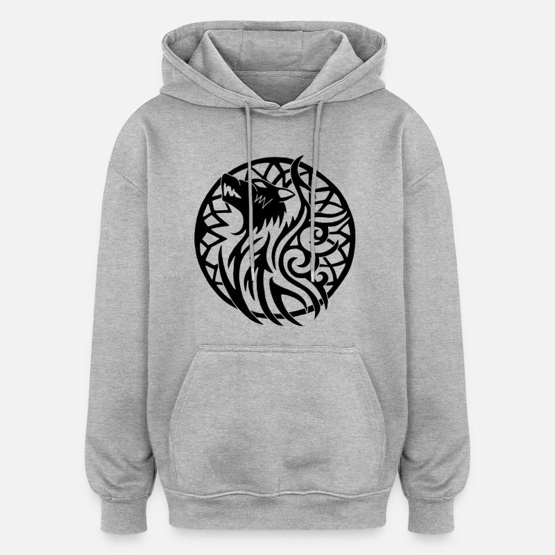 Schwarzer Wolf und Glücksbringer - Oversized Unisex Hoodie - Grau meliert