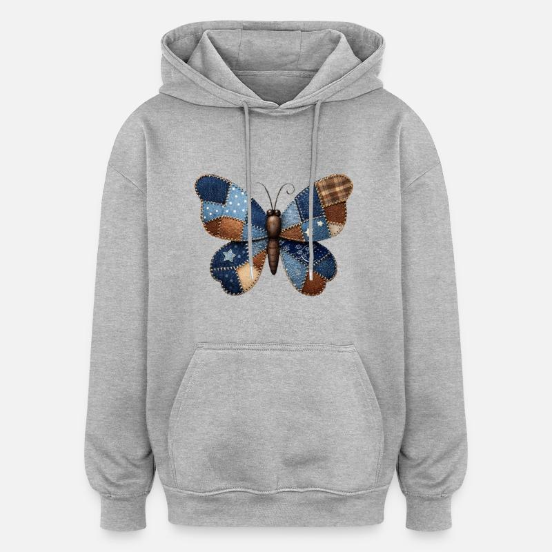 Patchwork Denim Butterfly - Oversized Unisex Hoodie - heather grey