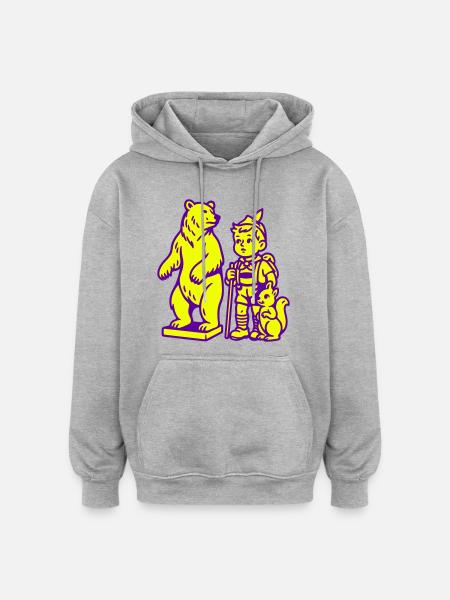 Pop Art-stilleben med bjørn, gutt og ekorn - Oversized unisex-hettegenser - gråmelert