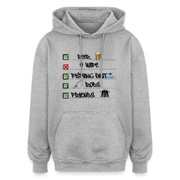 Checkliste für Prioritäten beim Angeln Lustiger Fischer - Oversized Unisex Hoodie - Grau meliert - Vorne - Noah (186cm)