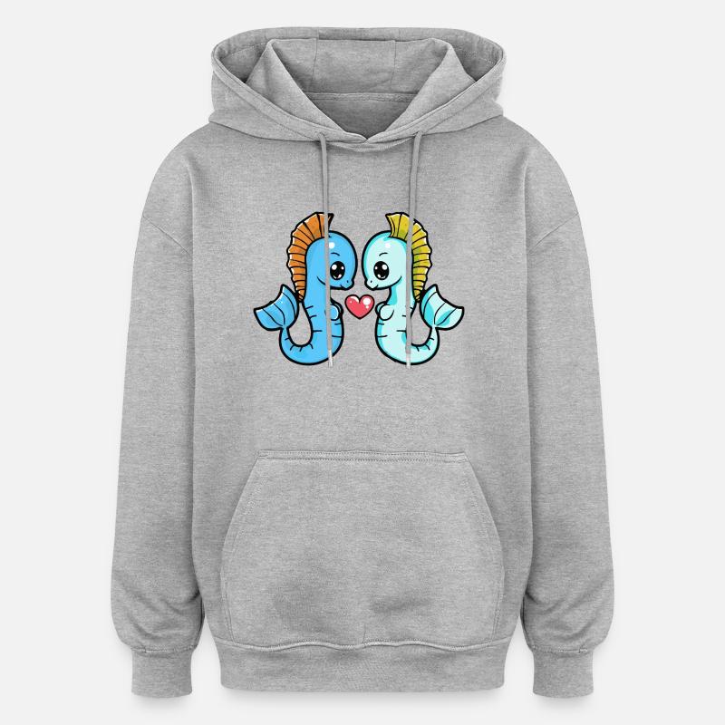 Hippocampe Couple Saint-Valentin - Sweat à capuche oversize unisexe - gris chiné