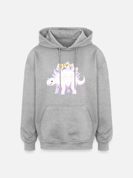 Whimsical Purple Dinosaur with Daisies - Oversized Unisex Hoodie - heather grey