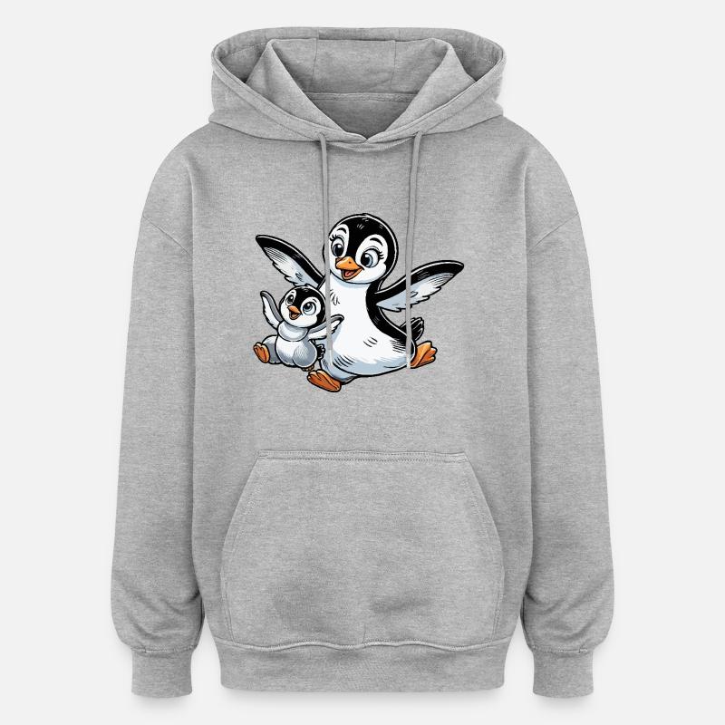 Pinguin-Mutter und Kind beim Herumtollen - Oversized Unisex Hoodie - Grau meliert