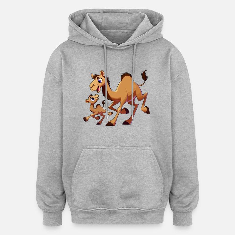 Kamelmutter mit herumtollendem Kind - Oversized Unisex Hoodie - Grau meliert