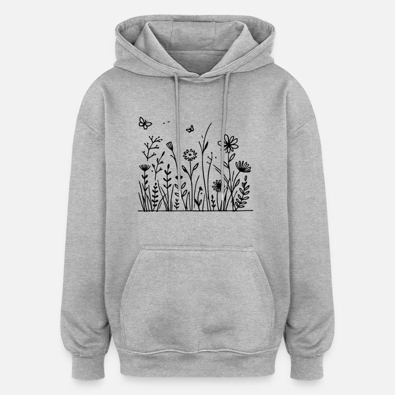 Prairie fleurie avec papillon - Sweat à capuche oversize unisexe - gris chiné