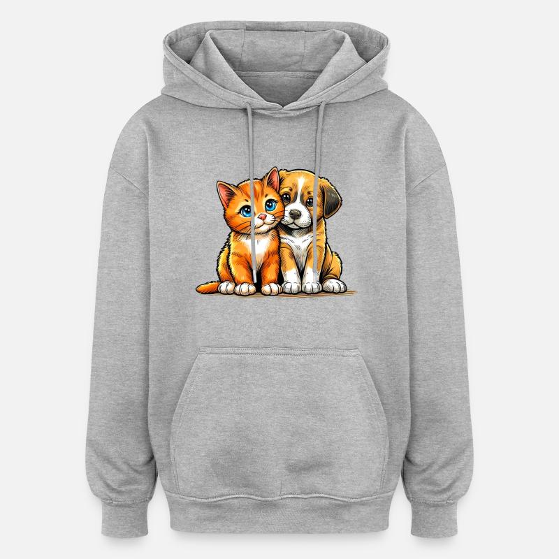 Chien et chat - Sweat à capuche oversize unisexe - gris chiné