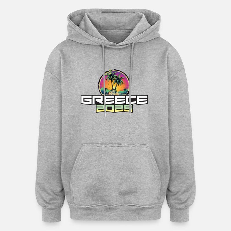 Grèce 2025 Palmiers de vacances - Sweat à capuche oversize unisexe - gris chiné