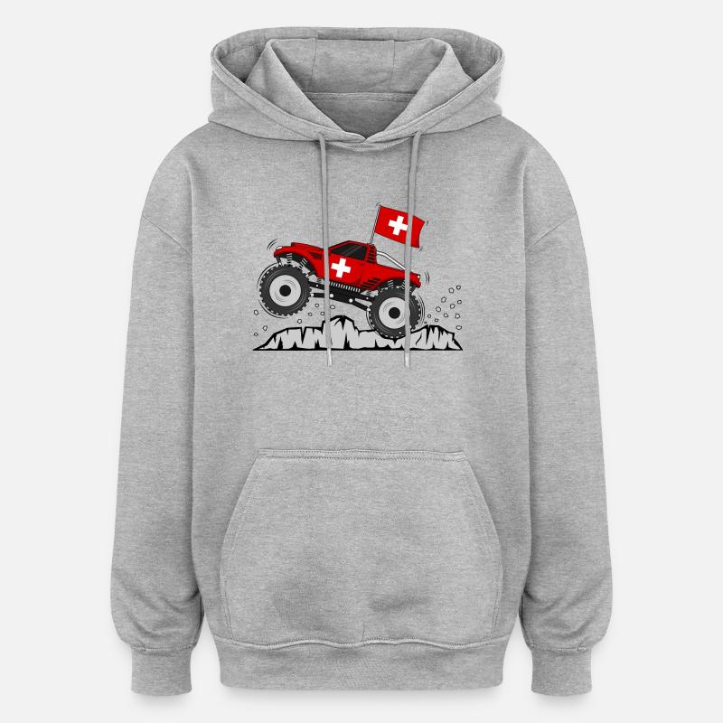 Monster Truck Suisse Drapeau - Sweat à capuche oversize unisexe - gris chiné