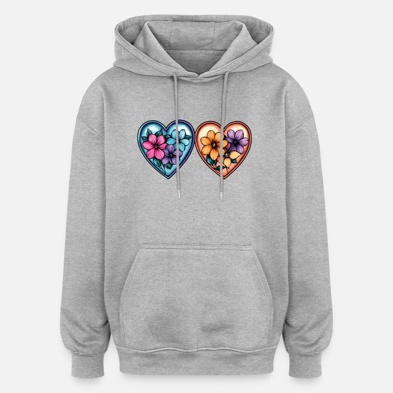 Coeurs Amour Fleurs - Sweat à capuche oversize unisexe - gris chiné
