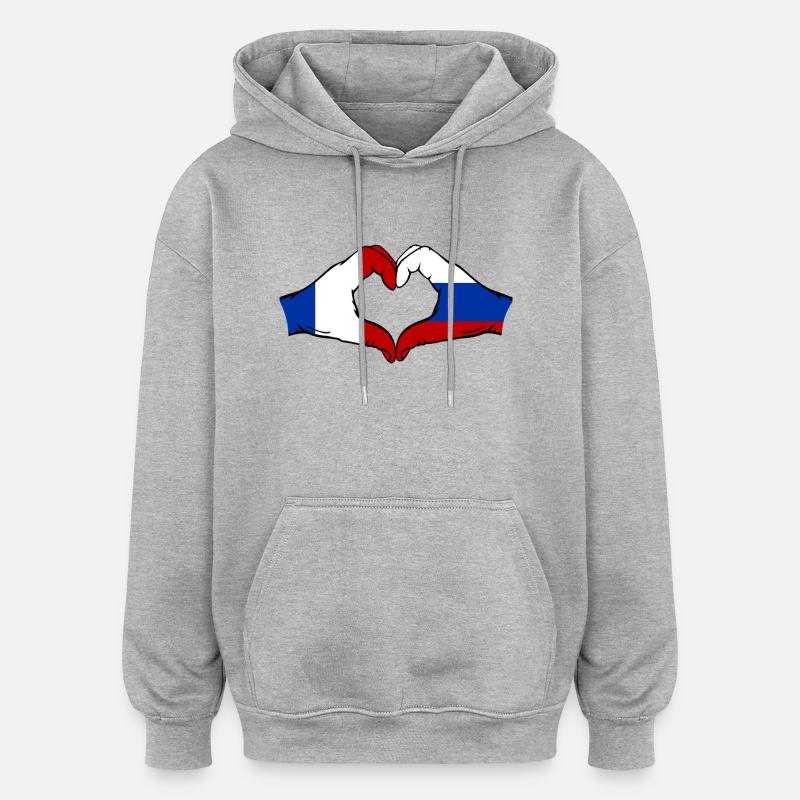 France Russie Drapeau Mains Coeur Forme - Sweat à capuche oversize unisexe - gris chiné