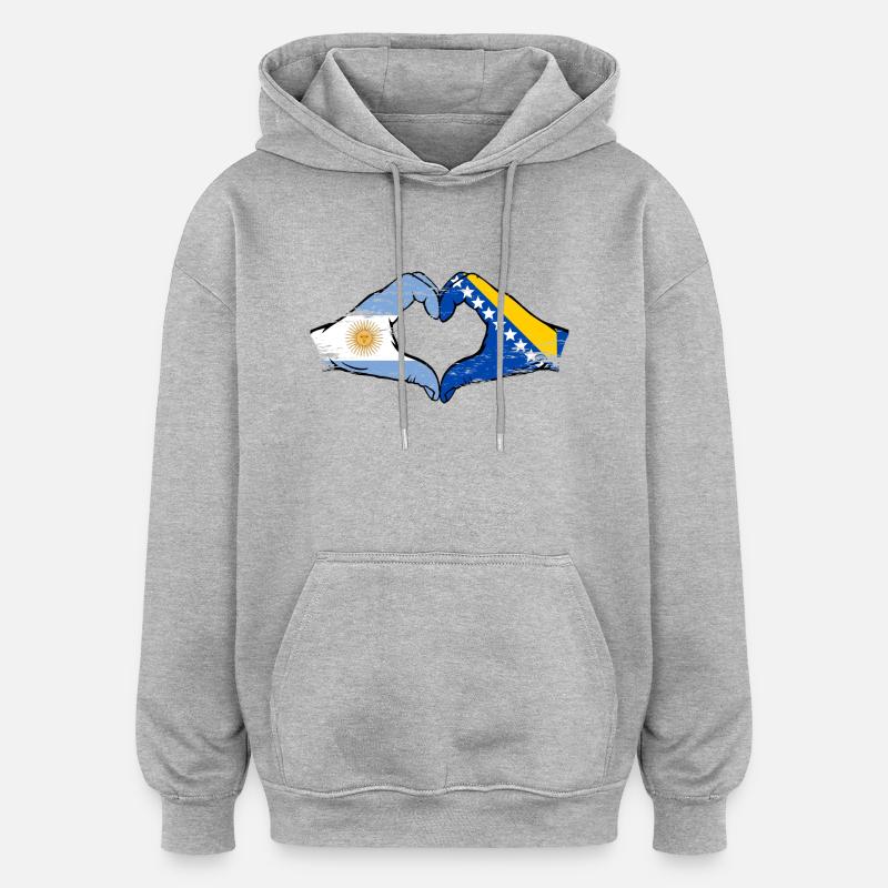 Argentine Bosnie Drapeau Mains Coeur Forme Utilisé - Sweat à capuche oversize unisexe - gris chiné
