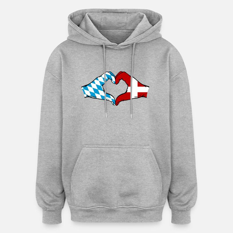 Bavière, Danemark, Drapeau, Mains, Coeur - Sweat à capuche oversize unisexe - gris chiné