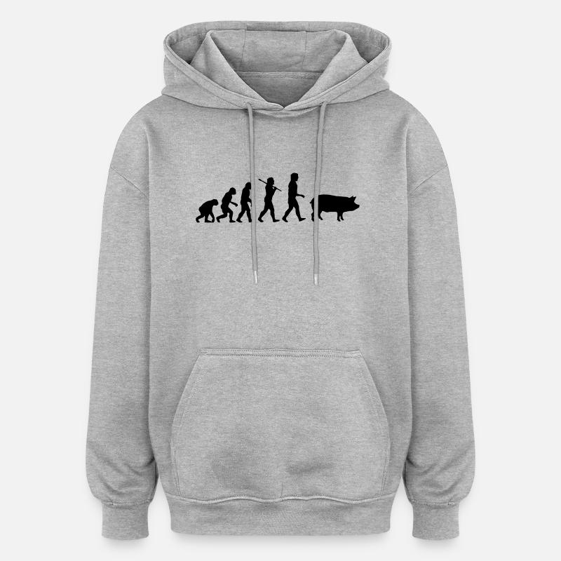 Evolution zum Schwein - Oversized Unisex Hoodie - Grau meliert