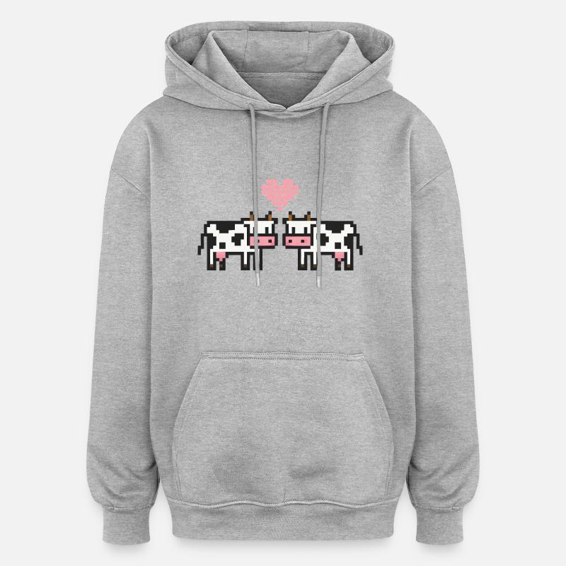 Vache Pixel Amour - Sweat à capuche oversize unisexe - gris chiné