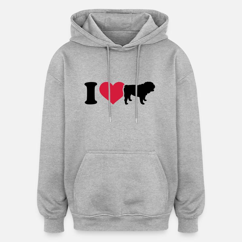 I love Bouledogue - Sweat à capuche oversize unisexe - gris chiné