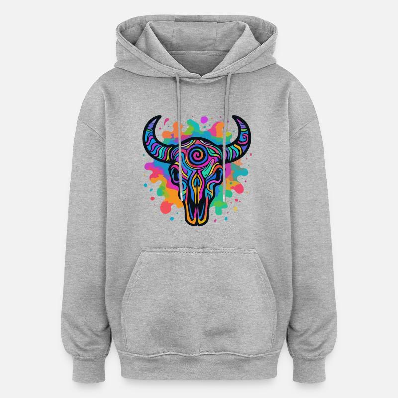 Bunter Stierschädel - Oversized Unisex Hoodie - Grau meliert