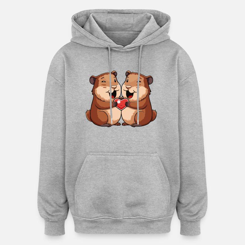 Couple de castors Saint-Valentin - Sweat à capuche oversize unisexe - gris chiné