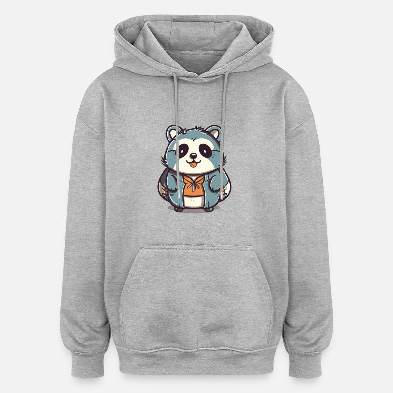Raton laveur - Style Kawaii - Sweat à capuche oversize unisexe - gris chiné
