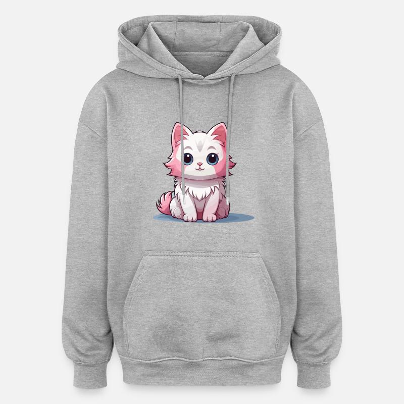 Chat - Style Kawaii - Sweat à capuche oversize unisexe - gris chiné