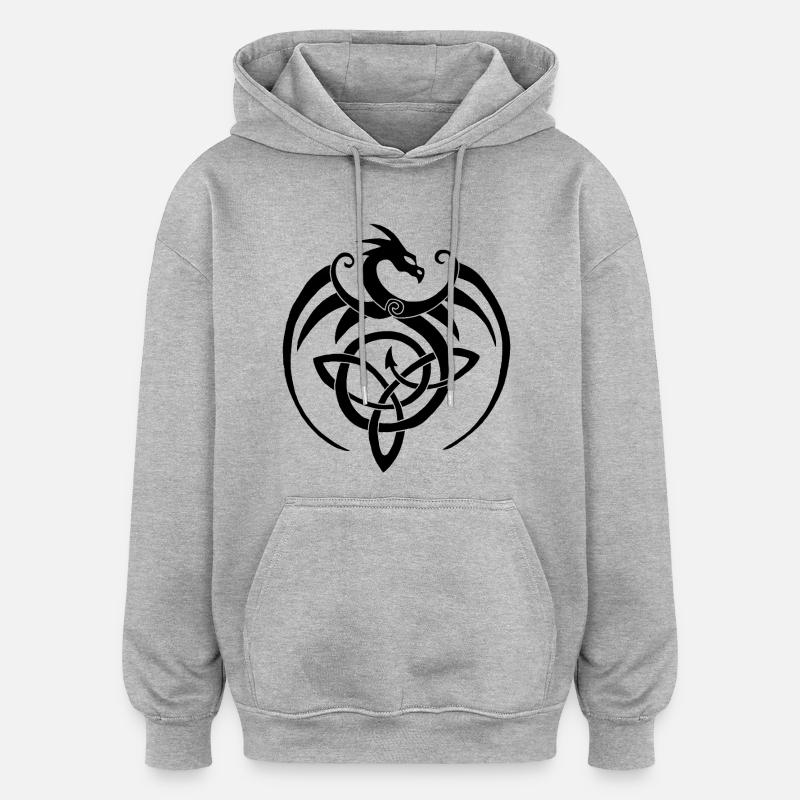 Dragon noir et symbole celte - Sweat à capuche oversize unisexe - gris chiné