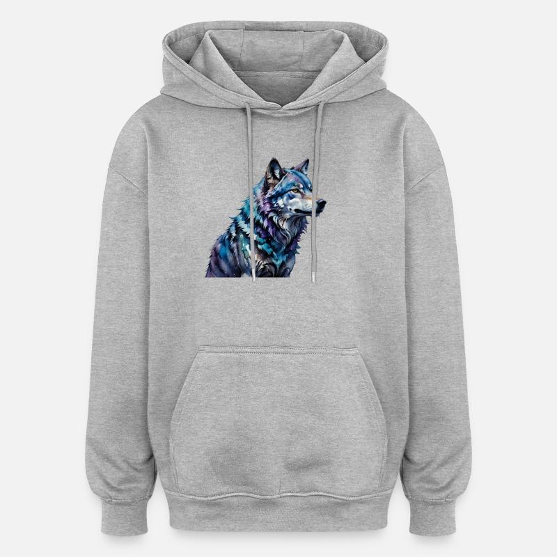 Loup aquarelle - Sweat à capuche oversize unisexe - gris chiné