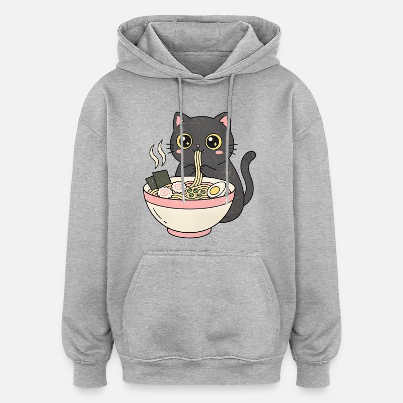 Chat ramen mignon, chat câlin - Sweat à capuche oversize unisexe - gris chiné
