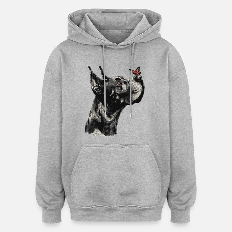 Dogue allemand avec papillon rouge - Sweat à capuche oversize unisexe - gris chiné