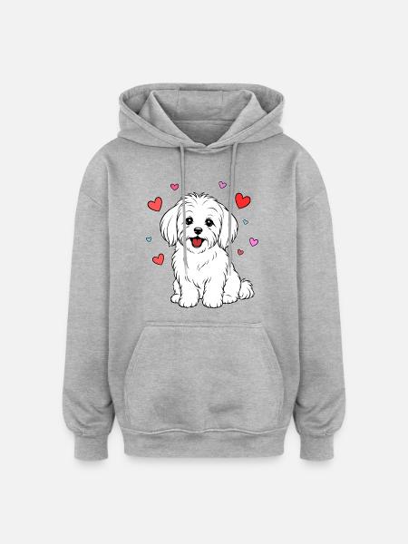 Malteser_Hund_sitzend_Herz_weiss - Oversized Unisex Hoodie - heather grey