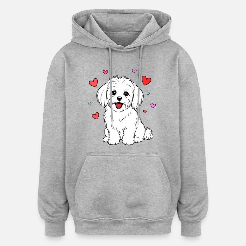 Malteser_Hund_sitzend_Herz_weiss - Sweat à capuche oversize unisexe - gris chiné