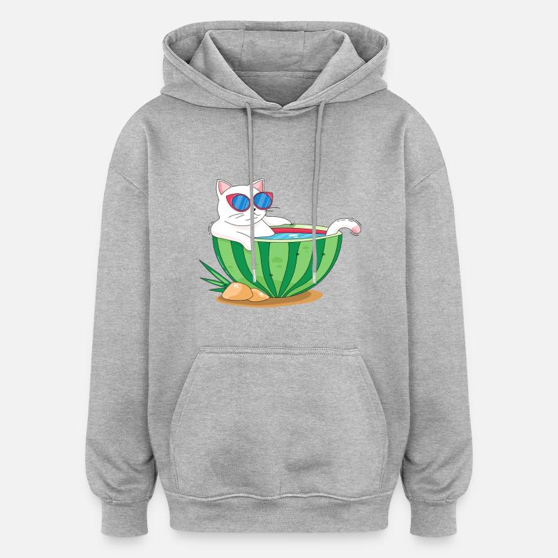 Chat et pastèque - Sweat à capuche oversize unisexe - gris chiné