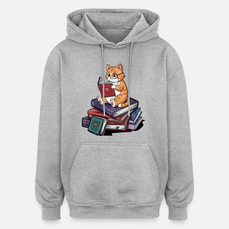Bücherwurm-Katze Kätzchen liest Bücher Kunst - Oversized Unisex Hoodie - Grau meliert