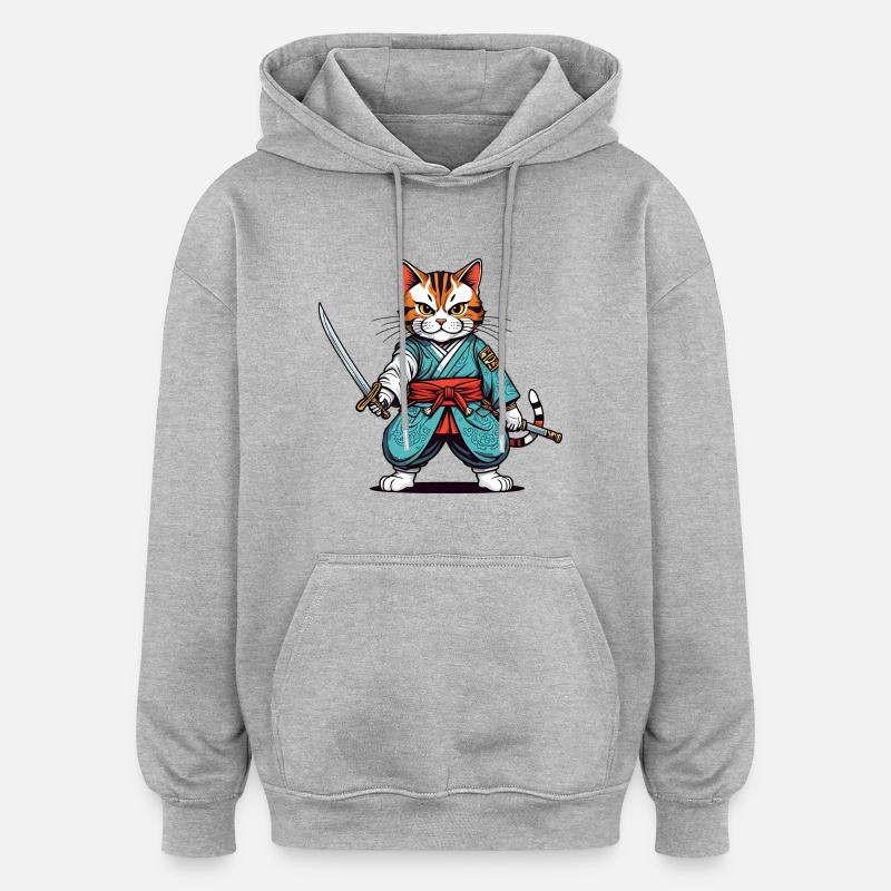 Chat samouraï - Sweat à capuche oversize unisexe - gris chiné