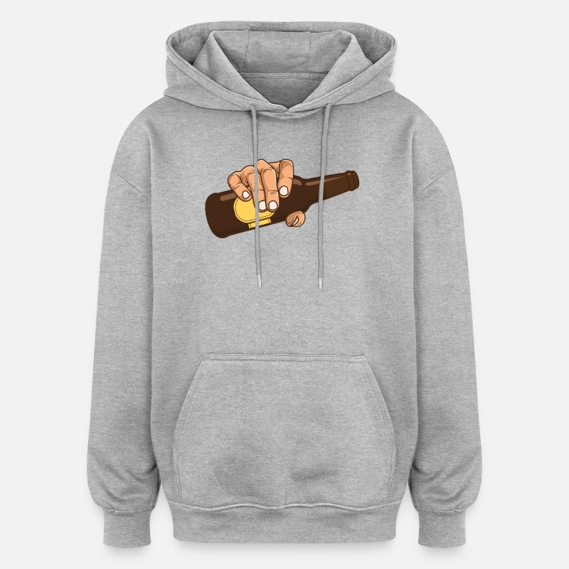 Hand mit brauner Flasche Bier - Oversized Unisex Hoodie - Grau meliert