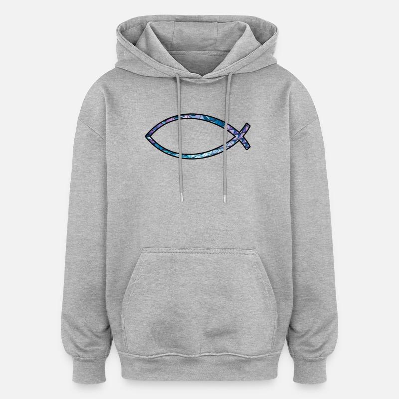 Poisson Ichtus (diamant, bleu) - Sweat à capuche oversize unisexe - gris chiné