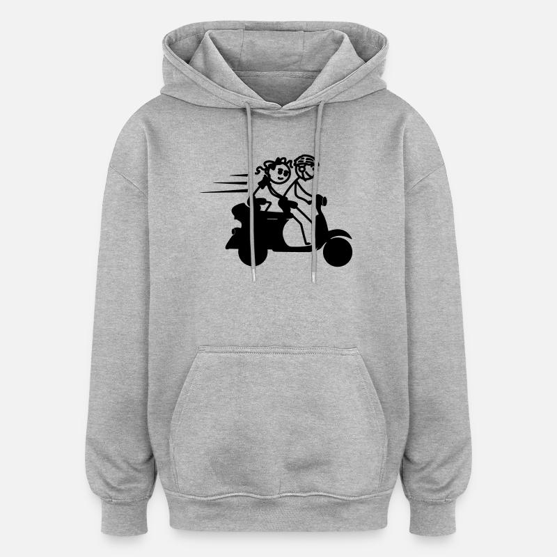 Scooter avec garçon et fille stickmen - Sweat à capuche oversize unisexe - gris chiné