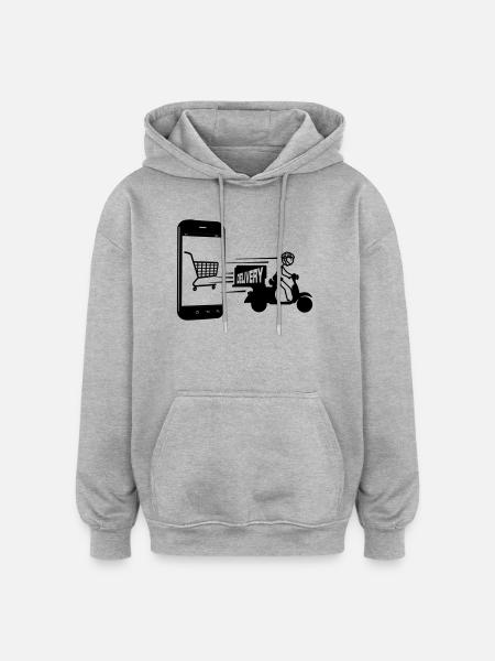 Online-Shopping und Lieferroller - Oversized Unisex Hoodie - Grau meliert