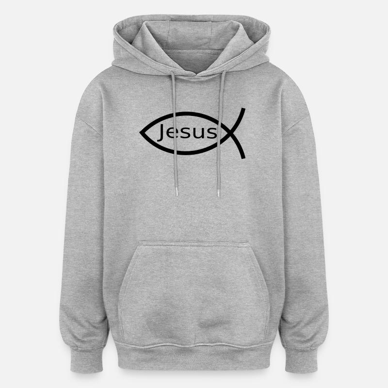 Jésus Poisson Ichthys Noir Poisson Poisson - Sweat à capuche oversize unisexe - gris chiné