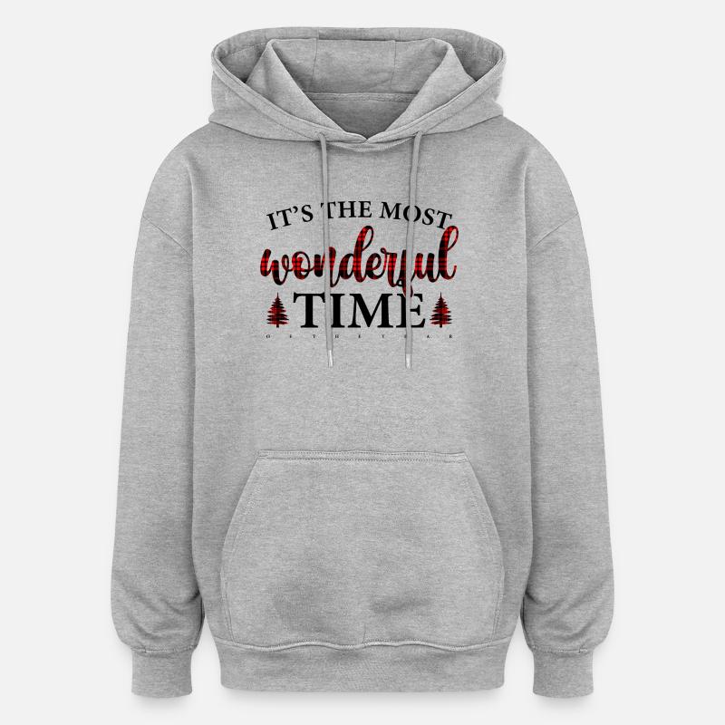 Crimson Plaid Script on Black - Oversized Unisex Hoodie - heather grey