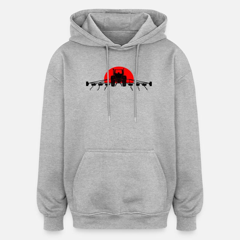 Coucher de soleil sur le tracteur - Sweat à capuche oversize unisexe - gris chiné