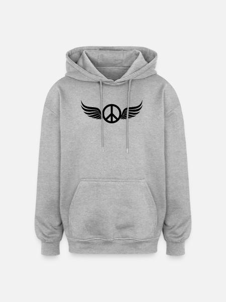 Winged Hippie Black Peace Sign - Oversized Unisex Hoodie - heather grey