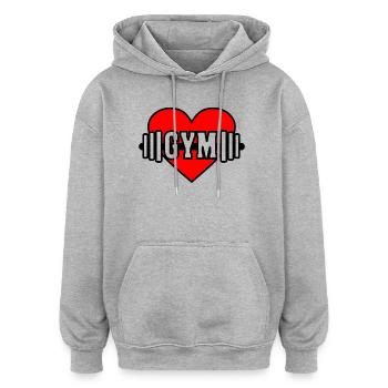 Dumbbell in red heart with text 'GYM' - Oversized Unisex Hoodie - heather grey - Front - Noah (186cm)