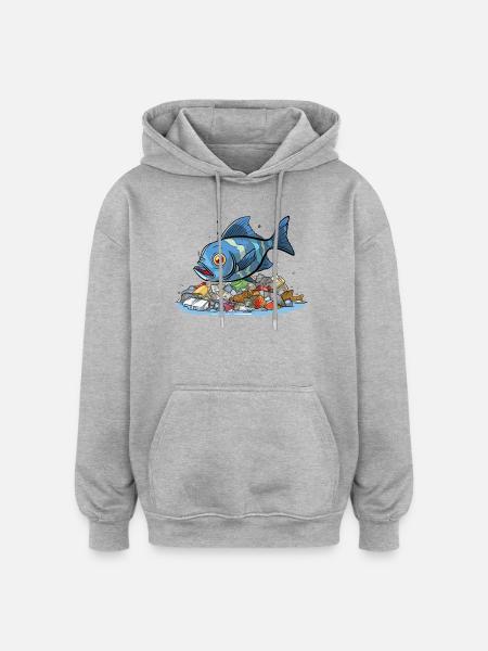 Fisk i plastik havforureningsskjorte - Oversize unisex hoodie - grå meleret