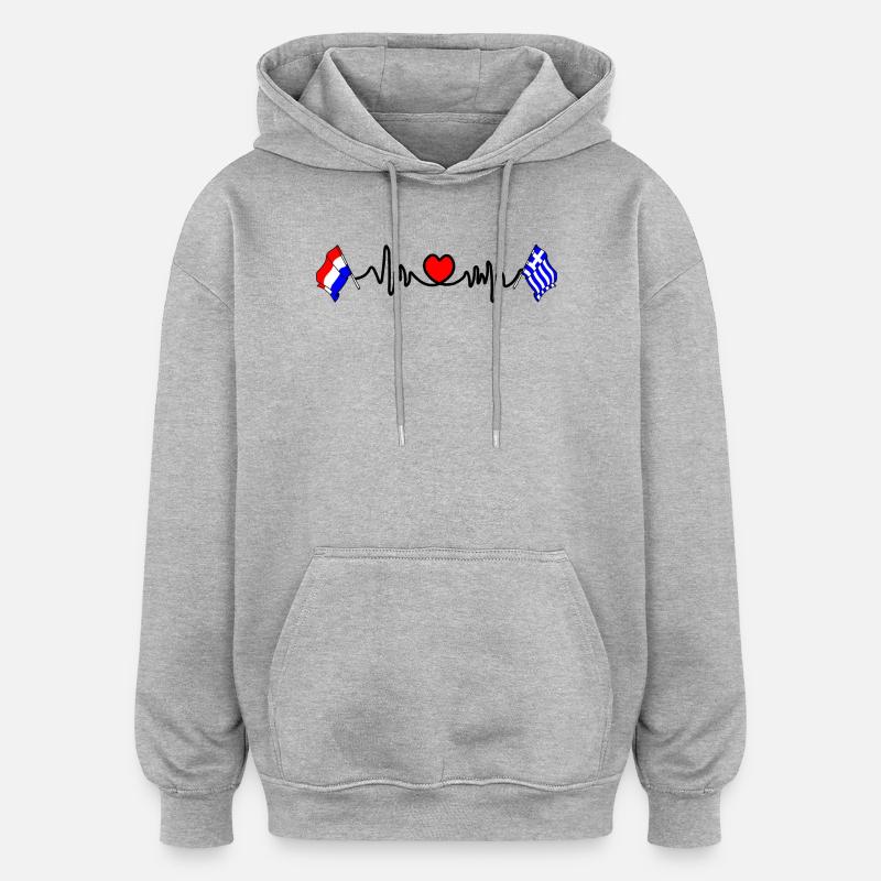 Cardio coeur avec drapeau Pays-Bas, Grèce - Sweat à capuche oversize unisexe - gris chiné