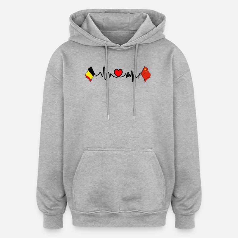 Cardio heart, Drapeau Belgique, drapeau Chine - Sweat à capuche oversize unisexe - gris chiné