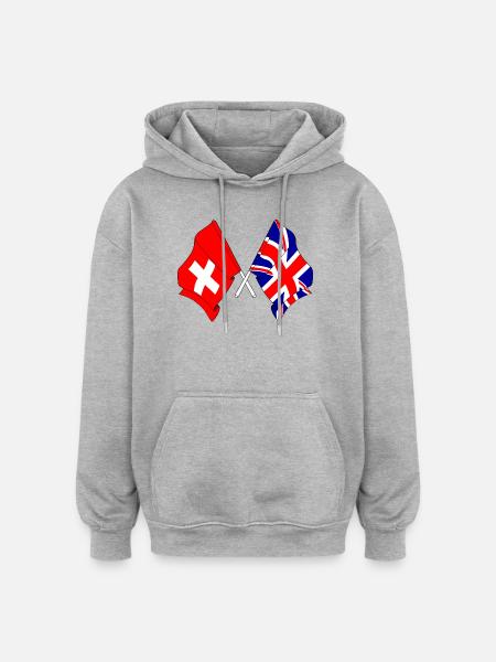 Drapeau Suisse, drapeau Angleterre - Sweat à capuche oversize unisexe - gris chiné